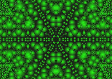 Dijital illüstrasyon, geometrik soyut renkli kaleydoskop simetrik desen ve gradyan etkisi. Klasik güzel dekoratif yeşil arkaplan