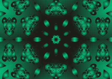 Dijital illüstrasyon, geometrik soyut renkli kaleydoskop simetrik desen ve gradyan etkisi. Klasik güzel dekoratif yeşil arkaplan