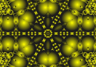 Dijital illüstrasyon, geometrik soyut renkli kaleydoskop simetrik desen ve gradyan etkisi. Klasik güzel dekoratif sarı arkaplan