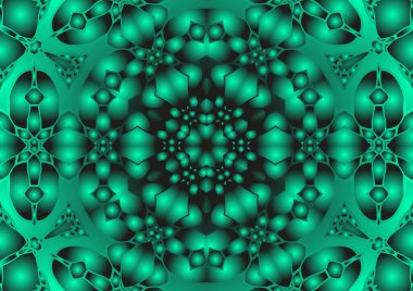 Dijital illüstrasyon, geometrik soyut renkli kaleydoskop simetrik desen ve gradyan etkisi. Klasik güzel dekoratif yeşil arkaplan