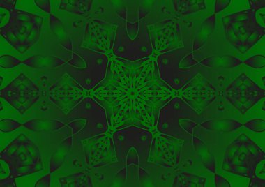 Dijital illüstrasyon, geometrik soyut renkli kaleydoskop simetrik desen ve gradyan etkisi. Klasik güzel dekoratif yeşil arkaplan