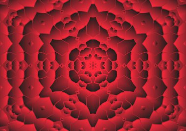 Dijital illüstrasyon, geometrik soyut renkli kaleydoskop simetrik desen ve gradyan etkisi. Klasik güzel dekoratif kırmızı arkaplan