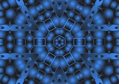 Dijital illüstrasyon, geometrik soyut renkli kaleydoskop simetrik desen ve gradyan etkisi. Klasik güzel dekoratif mavi arkaplan