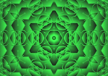 Dijital illüstrasyon, geometrik soyut renkli kaleydoskop simetrik desen ve gradyan etkisi. Klasik güzel dekoratif yeşil arkaplan