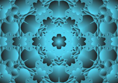 Dijital illüstrasyon, geometrik soyut renkli kaleydoskop simetrik desen ve gradyan etkisi. Klasik güzel dekoratif mavi arkaplan