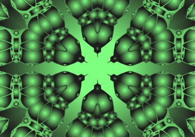 Dijital illüstrasyon, geometrik soyut renkli kaleydoskop simetrik desen ve gradyan etkisi. Klasik güzel dekoratif yeşil arkaplan