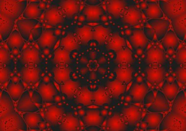 Dijital illüstrasyon, geometrik soyut renkli kaleydoskop simetrik desen ve gradyan etkisi. Klasik güzel dekoratif kırmızı arkaplan