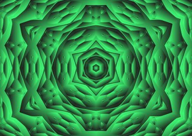 Dijital illüstrasyon, geometrik soyut renkli kaleydoskop simetrik desen ve gradyan etkisi. Klasik güzel dekoratif yeşil arkaplan