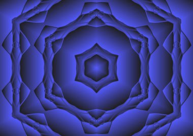 Dijital illüstrasyon, geometrik soyut renkli kaleydoskop simetrik desen ve gradyan etkisi. Klasik güzel dekoratif mavi arkaplan