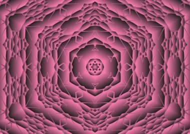 Dijital illüstrasyon, geometrik soyut renkli kaleydoskop simetrik desen ve gradyan etkisi. Klasik güzel dekoratif pembe arkaplan