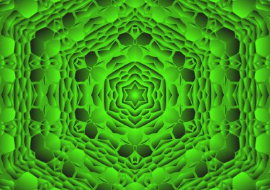 Dijital illüstrasyon, geometrik soyut renkli kaleydoskop simetrik desen ve gradyan etkisi. Klasik güzel dekoratif yeşil arkaplan
