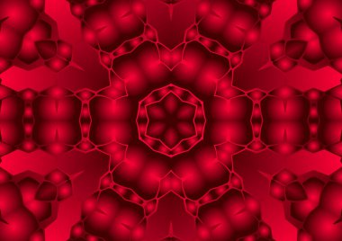 Dijital illüstrasyon, geometrik soyut renkli kaleydoskop simetrik desen ve gradyan etkisi. Klasik güzel dekoratif kırmızı arkaplan