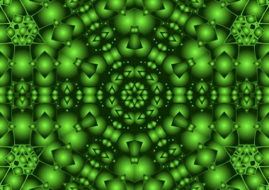 Dijital illüstrasyon, geometrik soyut renkli kaleydoskop simetrik desen ve gradyan etkisi. Klasik güzel dekoratif yeşil arkaplan