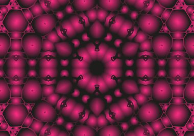 Dijital illüstrasyon, geometrik soyut renkli kaleydoskop simetrik desen ve gradyan etkisi. Klasik güzel dekoratif pembe arkaplan