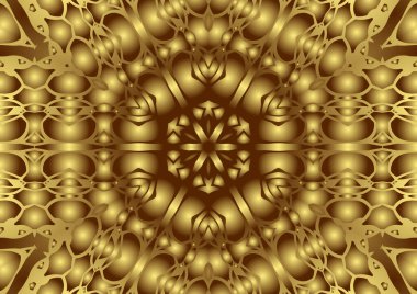 Dijital illüstrasyon, geometrik soyut renkli kaleydoskop simetrik desen ve gradyan etkisi. Klasik güzel dekoratif turuncu arka plan