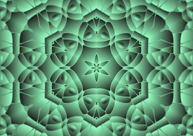 Dijital illüstrasyon, geometrik soyut renkli kaleydoskop simetrik desen ve gradyan etkisi. Klasik güzel dekoratif arkaplan