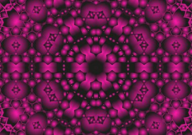 Dijital illüstrasyon, geometrik soyut renkli kaleydoskop simetrik desen ve gradyan etkisi. Klasik güzel dekoratif pembe arkaplan