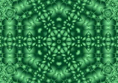 Dijital illüstrasyon, geometrik soyut renkli kaleydoskop simetrik desen ve gradyan etkisi. Klasik güzel dekoratif yeşil arkaplan