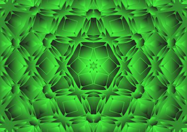 Dijital illüstrasyon, geometrik soyut renkli kaleydoskop simetrik desen ve gradyan etkisi. Klasik güzel dekoratif yeşil arkaplan