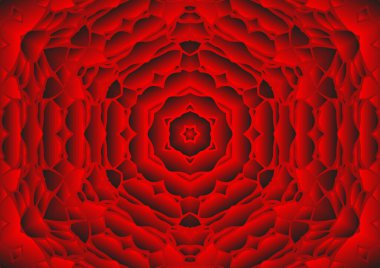 Dijital illüstrasyon, geometrik soyut renkli kaleydoskop simetrik desen ve gradyan etkisi. Klasik güzel dekoratif kırmızı arkaplan