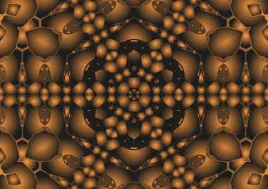 Dijital illüstrasyon, geometrik soyut renkli kaleydoskop simetrik desen ve gradyan etkisi. Klasik güzel dekoratif turuncu arka plan