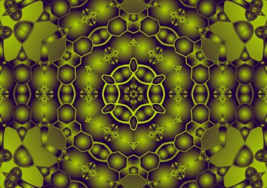 Dijital illüstrasyon, geometrik soyut renkli kaleydoskop simetrik desen ve gradyan etkisi. Klasik güzel dekoratif arkaplan