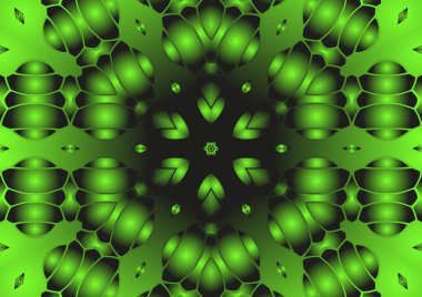 Dijital illüstrasyon, geometrik soyut renkli kaleydoskop simetrik desen ve gradyan etkisi. Klasik güzel dekoratif yeşil arkaplan