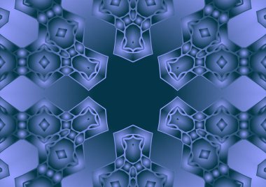 Dijital illüstrasyon, geometrik soyut renkli kaleydoskop simetrik desen ve gradyan etkisi. Klasik güzel dekoratif mavi arkaplan