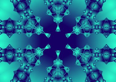 Dijital illüstrasyon, geometrik soyut renkli kaleydoskop simetrik desen ve gradyan etkisi. Klasik güzel dekoratif arkaplan