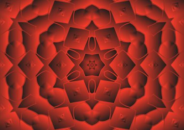 Dijital illüstrasyon, geometrik soyut renkli kaleydoskop simetrik desen ve gradyan etkisi. Klasik güzel dekoratif kırmızı arkaplan