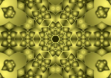 Dijital illüstrasyon, geometrik soyut renkli kaleydoskop simetrik desen ve gradyan etkisi. Klasik güzel dekoratif sarı arkaplan