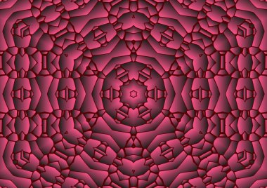 Dijital illüstrasyon, geometrik soyut renkli kaleydoskop simetrik desen ve gradyan etkisi. Klasik güzel dekoratif kırmızı arkaplan