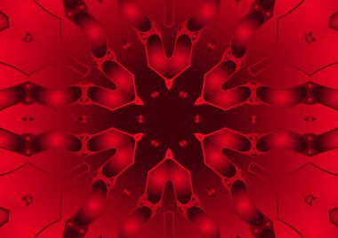 Dijital illüstrasyon, geometrik soyut renkli kaleydoskop simetrik desen ve gradyan etkisi. Klasik güzel dekoratif kırmızı arkaplan