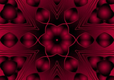 Dijital illüstrasyon, geometrik soyut renkli kaleydoskop simetrik desen ve gradyan etkisi. Klasik güzel dekoratif kırmızı arkaplan