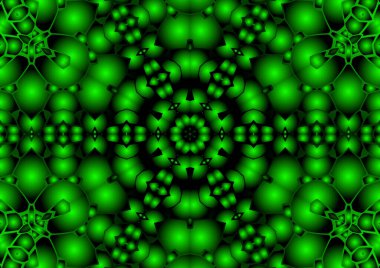 Dijital illüstrasyon, geometrik soyut renkli kaleydoskop simetrik desen ve gradyan etkisi. Klasik güzel dekoratif yeşil arkaplan
