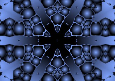 Dijital illüstrasyon, geometrik soyut renkli kaleydoskop simetrik desen ve gradyan etkisi. Klasik güzel dekoratif mavi arkaplan