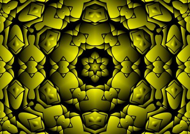 Dijital illüstrasyon, geometrik soyut renkli kaleydoskop simetrik desen ve gradyan etkisi. Klasik güzel dekoratif sarı arkaplan