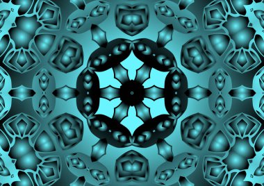 Dijital illüstrasyon, geometrik soyut renkli kaleydoskop simetrik desen ve gradyan etkisi. Klasik güzel dekoratif mavi arkaplan