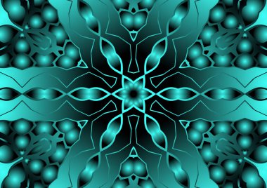 Dijital illüstrasyon, geometrik soyut renkli kaleydoskop simetrik desen ve gradyan etkisi. Klasik güzel dekoratif mavi arkaplan