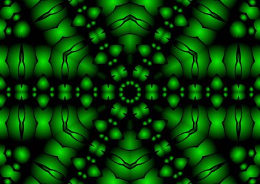 Dijital illüstrasyon, geometrik soyut renkli kaleydoskop simetrik desen ve gradyan etkisi. Klasik güzel dekoratif yeşil arkaplan