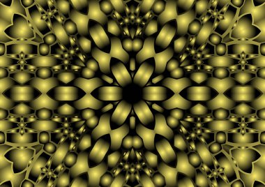 Dijital illüstrasyon, geometrik soyut renkli kaleydoskop simetrik desen ve gradyan etkisi. Klasik güzel dekoratif sarı arkaplan