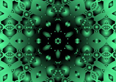 Dijital illüstrasyon, geometrik soyut renkli kaleydoskop simetrik desen ve gradyan etkisi. Klasik güzel dekoratif yeşil arkaplan