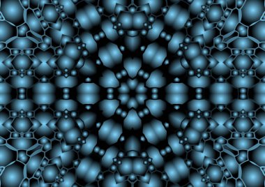 Dijital illüstrasyon, geometrik soyut renkli kaleydoskop simetrik desen ve gradyan etkisi. Klasik güzel dekoratif mavi arkaplan