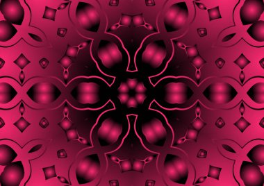 Dijital illüstrasyon, geometrik soyut renkli kaleydoskop simetrik desen ve gradyan etkisi. Klasik güzel dekoratif kırmızı arkaplan