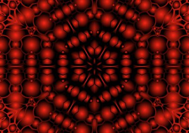 Dijital illüstrasyon, geometrik soyut renkli kaleydoskop simetrik desen ve gradyan etkisi. Klasik güzel dekoratif kırmızı arkaplan