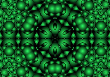 Dijital illüstrasyon, geometrik soyut renkli kaleydoskop simetrik desen ve gradyan etkisi. Klasik güzel dekoratif yeşil arkaplan