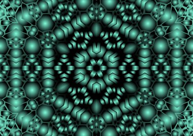 Dijital illüstrasyon, geometrik soyut renkli kaleydoskop simetrik desen ve gradyan etkisi. Klasik güzel dekoratif yeşil arkaplan