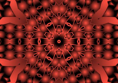 Dijital illüstrasyon, geometrik soyut renkli kaleydoskop simetrik desen ve gradyan etkisi. Klasik güzel dekoratif kırmızı arkaplan