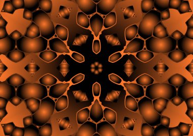 Dijital illüstrasyon, geometrik soyut renkli kaleydoskop simetrik desen ve gradyan etkisi. Klasik güzel dekoratif turuncu arka plan