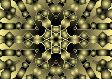 Dijital illüstrasyon, geometrik soyut renkli kaleydoskop simetrik desen ve gradyan etkisi. Klasik güzel dekoratif sarı arkaplan